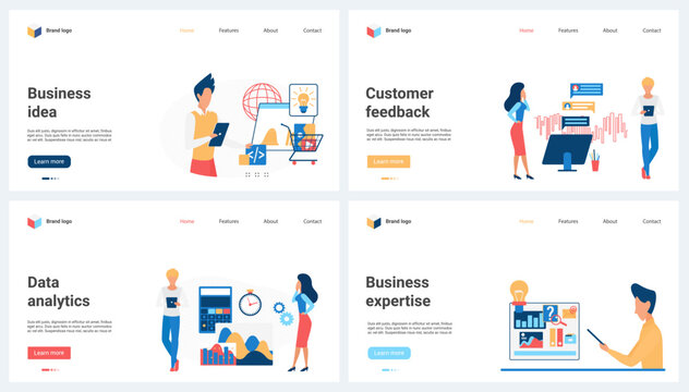 Business idea development, analytics and expertise for commerce set vector illustration. Cartoon tiny people analyze financial chart data, use expert service for advices and customers feedback