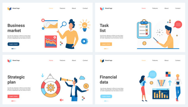 Business research of market strategy, financial data and list with task plan set vector illustration. Cartoon tiny people work with charts in dashboard report, look through telescope into future