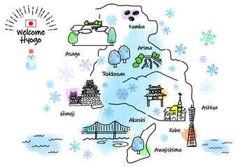 冬の兵庫県の観光地のシンプル線画イラストマップ