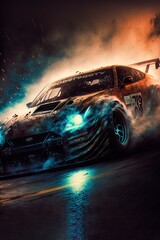 A tuned Car drifting at night with blue headlights, JDM Japanese Domestic Market