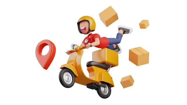 3d animation of a courier flying with a yellow motorcycle