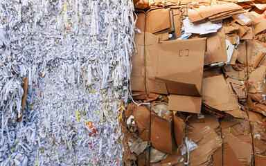 stack of shredded old waste paper and cardboard in front of recycling facility