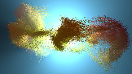 3D rendering of burst of colorful particles in dark environment with bright backlight. An abstract background