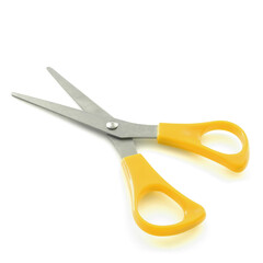 Yellow scissors isolated on a white background with shadows