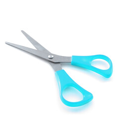 Cyan scissors isolated on a white background with shadows