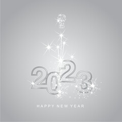 Happy New Year 2023 greetings sparkle firework silver white line design numbers on silver grey color background