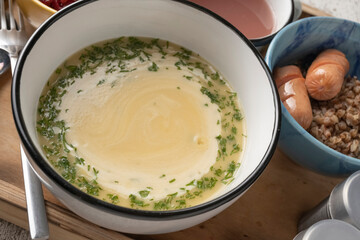 Soup puree in a bowl on the dining table, close-up