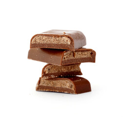 Filled Chocolate bar. Broken pieces over white background