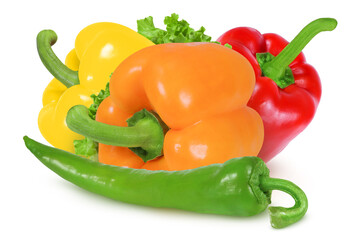 Yellow, red, green and orange peppers on an isolated white background. Different types of peppers.