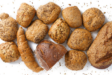 Bread assortment from various bakery products, white background, simple isolation