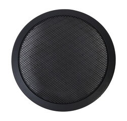 Stylish car audio acoustic round speaker with waffle grill protector cover on white background closeup. Auto spare parts catalog. - obrazy, fototapety, plakaty