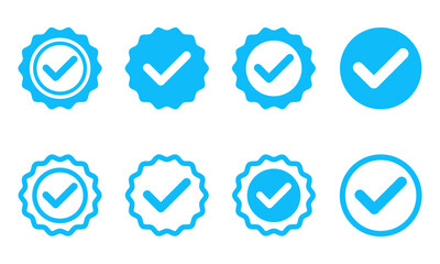 Set of profile verification vector icons. Sticker or badge of blue verification account. Original profile. Vector 10 Eps.