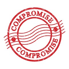 COMPROMISE, text written on red postal stamp.
