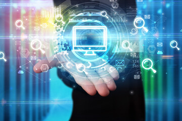 Fototapeta premium Businessman holding technology icon concept