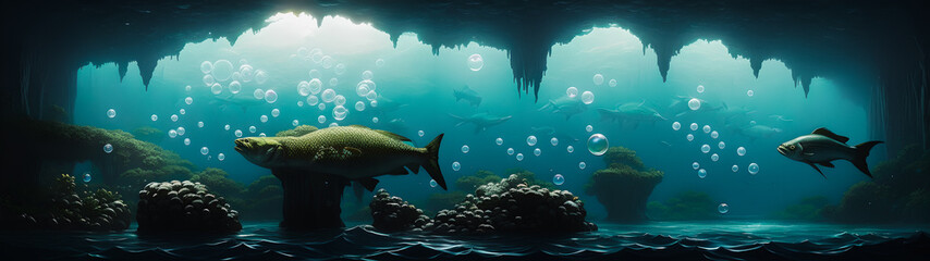 Fototapeta na wymiar Artistic concept illustration of a underwater world with big fish in the background, background illustration.