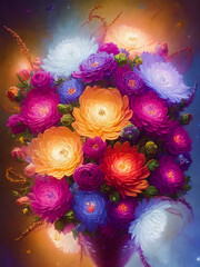 Glowing flowers in bouquet, background illustration.
