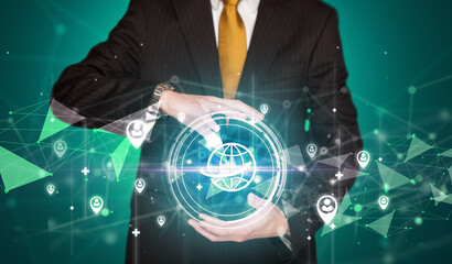 Businessman holdig business icons concept