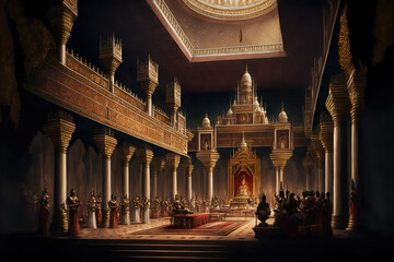Fototapeta na wymiar AI generated image depicting the throne room and court of an ancient Indian king, with ministers and courtiers in attendance. Durbar hall.