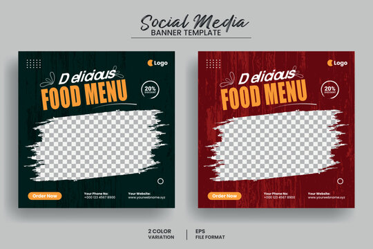 Fast food restaurant business marketing social media post or web banner template design with abstract background, logo and icon. Fresh pizza, burger & pasta online sale promotion flyer or poster.