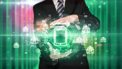 Businessman holding technology icon concept