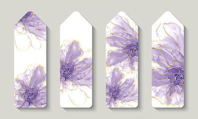 Bookmarks. Modern creative design,  background marble texture with flowers. Alcohol ink. Bookstore label or flyer.  Vector illustration.
