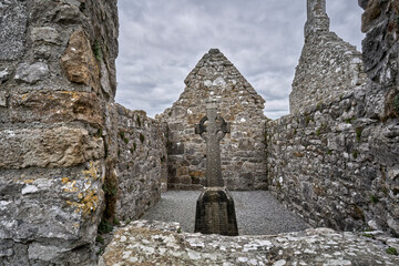 Clonmacnoise Abbey, cathedal and celtic and christian cemetery at Shannon River, County Offaly in...