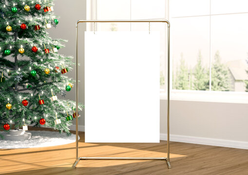 white Board, welcome sign, there is a picture of the Christmas tree in the background. with clipping path. 3d rendering
