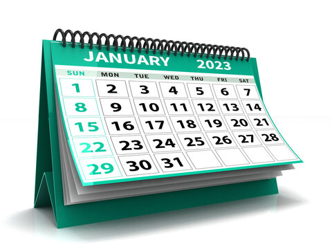 Desktop Calendar January 2023 isolated in white background, January 2023 Spiral Calendar can be used for Stationary, flyer, banner background. 3d render