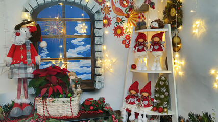 Christmas and New Year. Festive background with fir branches, Christmas tree, New Year's toys produced by the factory.