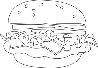 Delicious fresh burger. Fast food symbol. Continuous line drawing. Vector illustration