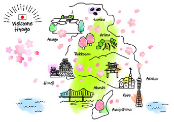 Naklejka premium 春の兵庫県の観光地のシンプル線画イラストマップ（緑）