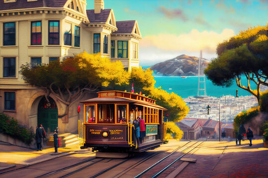 AI generated of historic Cable Cars riding across San Francisco