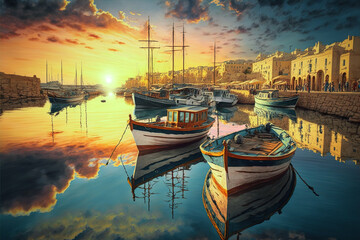 Fototapeta na wymiar Traditional Malta fishing boats in a harbour at sunset