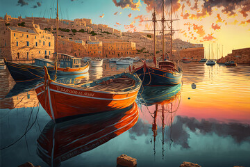 Traditional Malta fishing boats in a harbour at sunset - obrazy, fototapety, plakaty