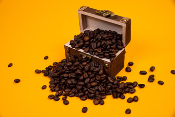 chest with coffee , Image of middle-aged coffee beans. Poured into a pirate chest. Precious,...