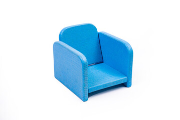 a wooden blue toy chair, a sofa, two chairs with a table, a yellow table, blue upholstered wooden chairs. yellow lamp on isolated white background