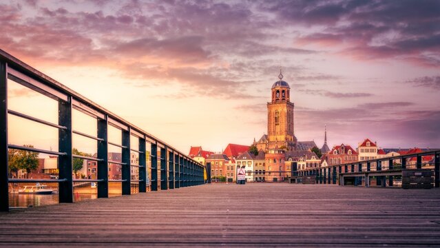 Fototapeta View of the tower of Deventer in Overijssel, the Netherlands in the evening