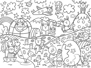 Happy Easter. Cute cartoon coloring page. Big coloring poster with bunny, eggs, birds. Printable worksheets