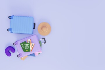 3d illustration of travel luggage full of clothes unorganized on the floor with passports and airline boarding pass ticket. top view