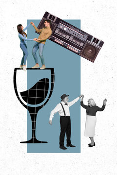 Vertical collage photo of different lovely couples listening old music player dancing drunk wine isolated on drawing background