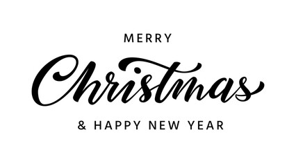 Merry Christmas brush lettering. New Year hand drawn ink pen calligraphy isolated on white. Typography template for winter holiday greeting card, print overlay banner poster flyer Xmas postcard