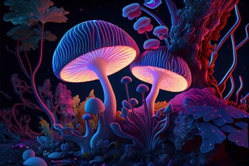 Fototapeta na wymiar magic mushrooms in forest glowing and shining fanatasy art
