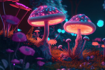 magic mushrooms in forest glowing and shining fanatasy art