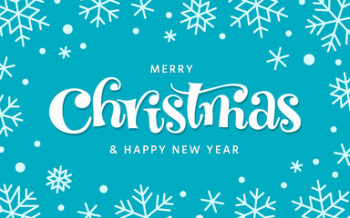 Merry Christmas Happy New Year greeting card. Xmas frosty background with hand lettering, snowflakes confetti. Snowy winter holiday poster, web banner, handwritten postcard, flyer, brochure cover