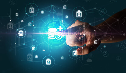 Businessman hand pressing stock graphic information on multitouch screen