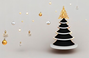 Golden and black enamel christmas tree with jewels, pearls on grey background.
