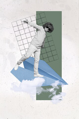 Vertical poster of boy on plane black and white effect isolated on drawing color background