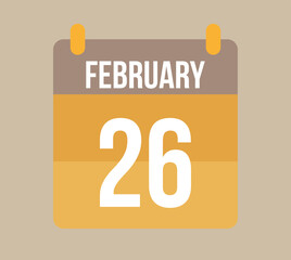 26 february calendar date. Calendar icon for february in orange. Vector for holidays, anniversaries and celebrations