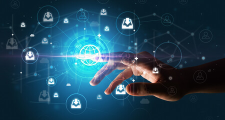 Businessman hand pressing stock graphic information on multitouch screen