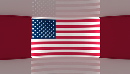 Fototapeta premium TV studio. USA. United States flag studio. USA flag background. News studio. The perfect backdrop for any green screen or chroma key video or photo production. 3d render. 3d